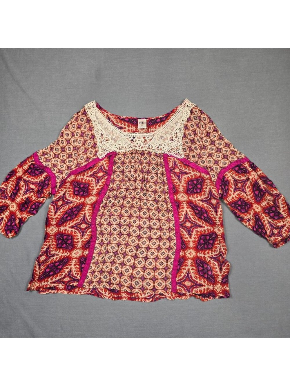 Bila Womens XXL Boho Peasant Rayon Blouse Crochet Red Purple